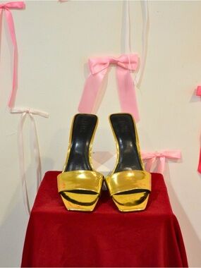 INC International Concepts Gold Candina Slide Sandals Heels Stiletto Size 10